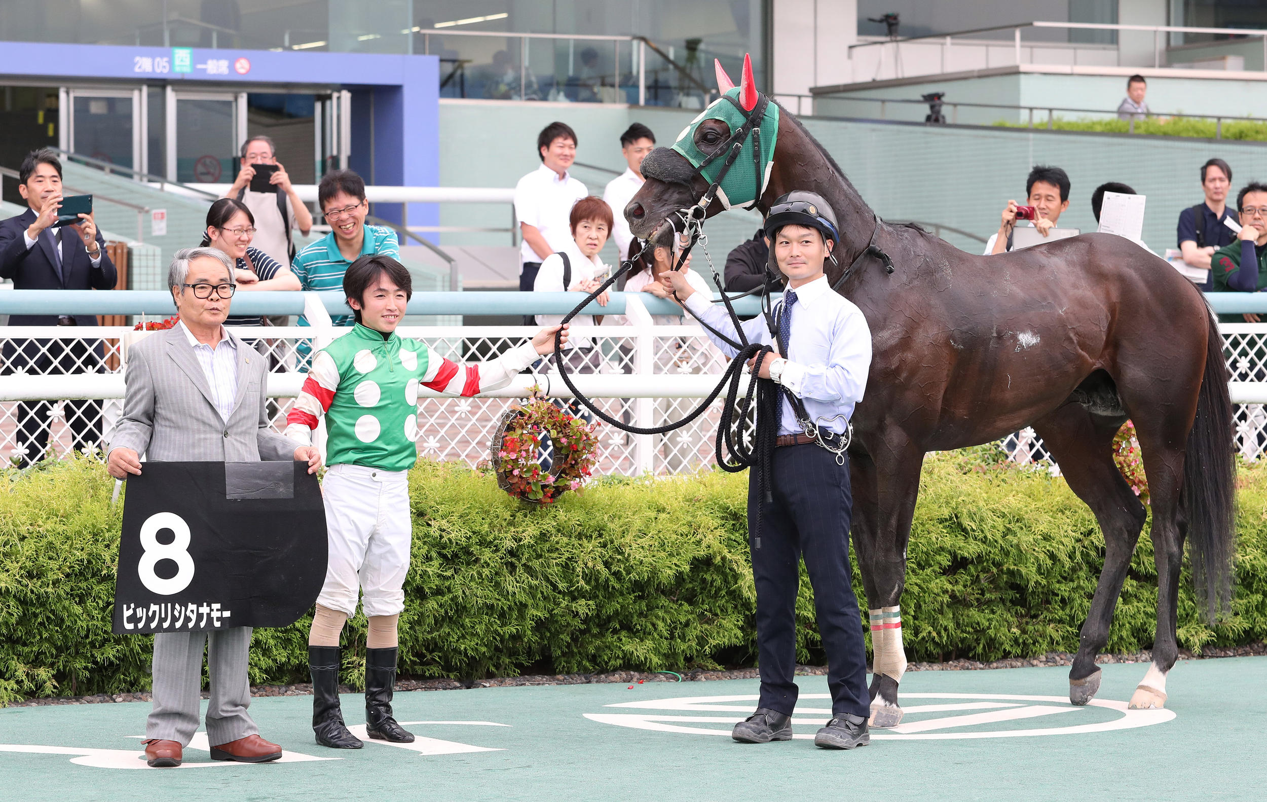 ビックリシタナモーで大阪スポーツ杯を制し口取りに並ぶ松若風馬騎手（左から2人目）（撮影・白石智彦）